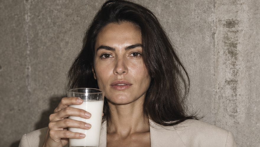 Frau im cremefarbenen Blazer mit einem Glas kalter Milch